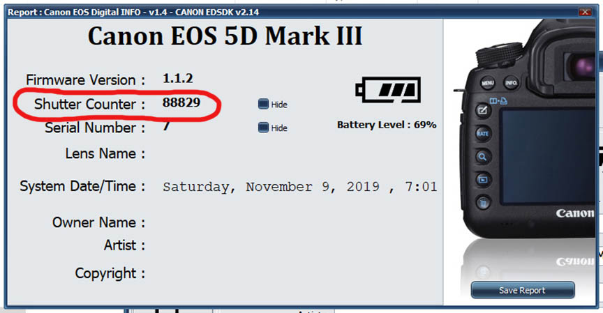 DSLR shutter count record