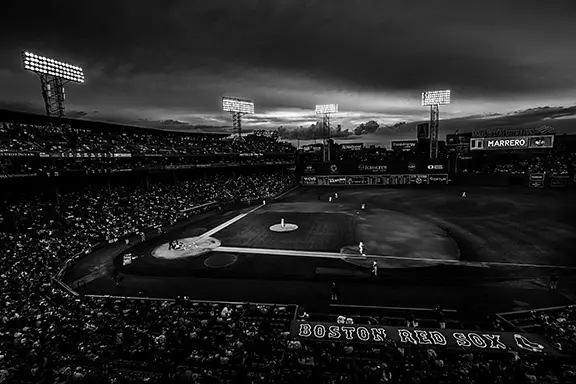 Fenway Park at night. Black and white