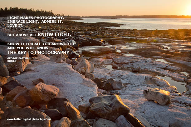 Inspirational nature photo of rocks and light quote by George Eastman