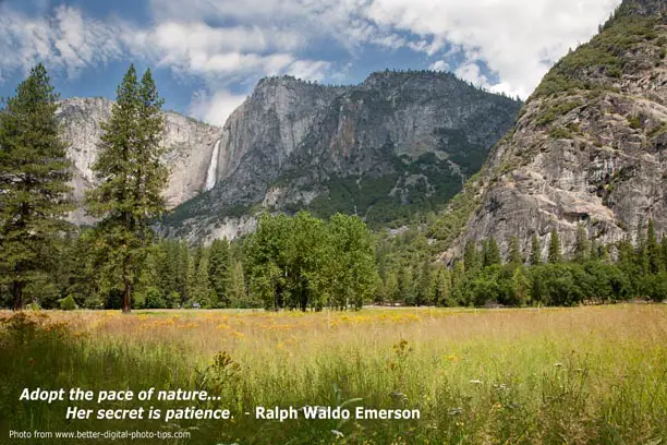 Inspirational photo of Yosemite Falls- The pace of nature-Ralph Waldo Emerson