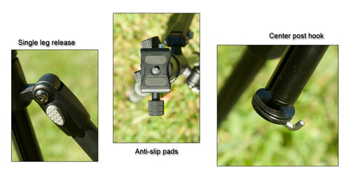 Three features of the Rocketfish carbon fiber tripod are single leg releases, anti-slip pad, and center-post hook