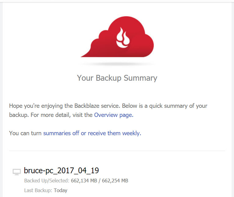 BackBlaze backup summary screenshot