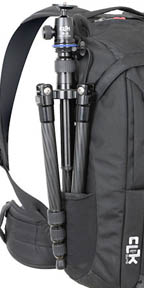 Deep tripod pouch on outside of camera backpack