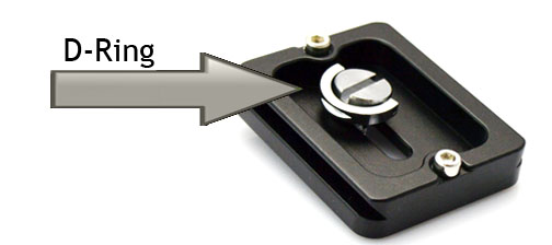 Bottom of quick release plate shows D-ring for easy detachment
