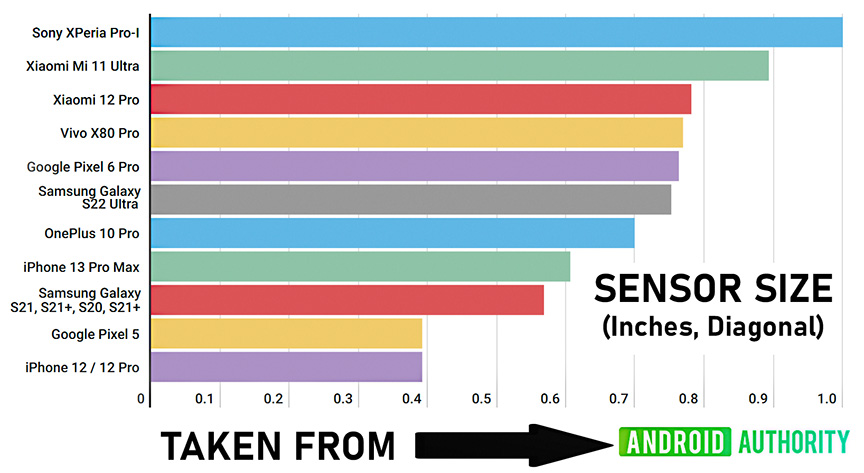 Cell phone camera sensor size bar graph.