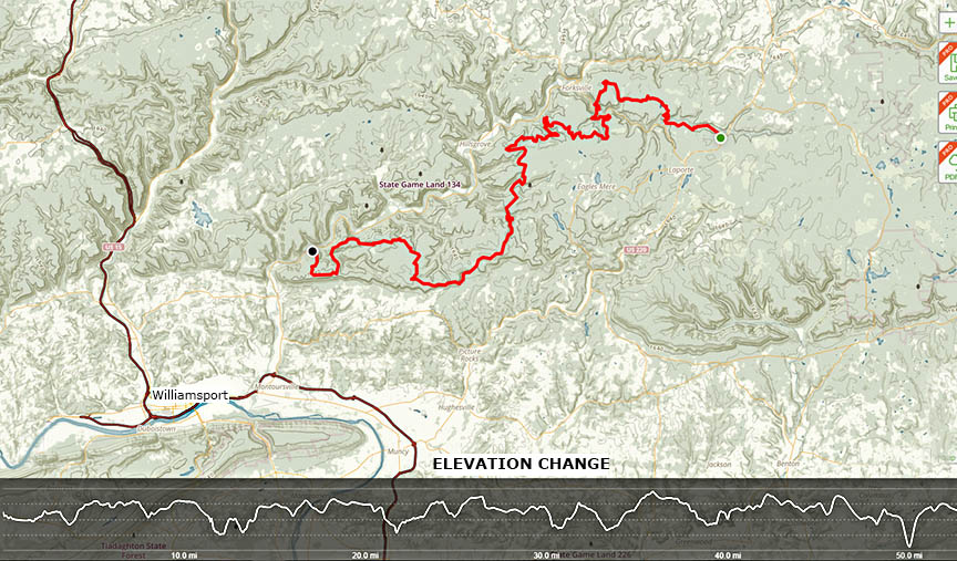 Elevation change map Loyalsock-trail