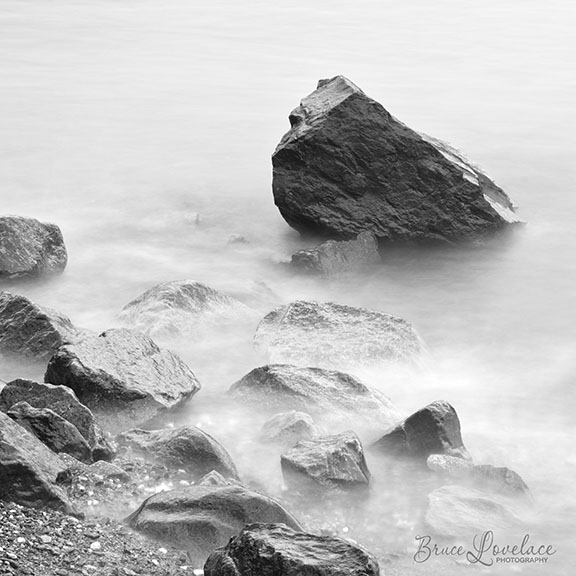 long exposure black and white photo of rocks