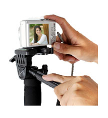 Point and shoot camera mounted on a monopod with a handle