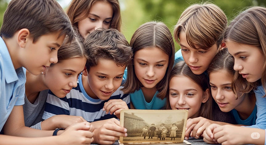 Pre-teen children looking at a photograph