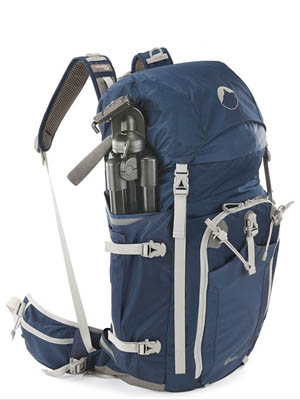 Side-mounted tripod on camera backpack