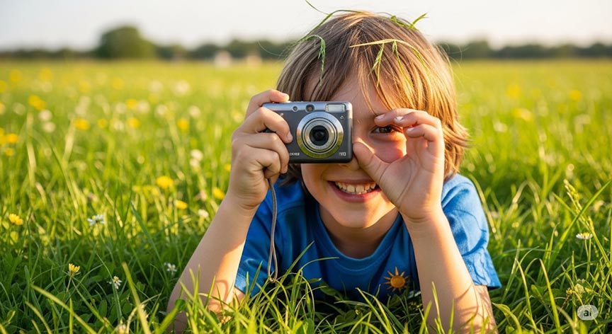 Smiling child taking photo in the grass